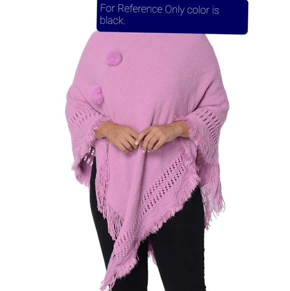 LUX Black V-Shape Fringe Poncho With Pom Poms - Picture 4 of 4